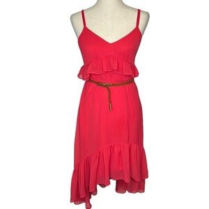 Calvin Klein Womens Belted Dress Sz 4 Coral‎ Ruffled Hem Hi Lo Festival Country